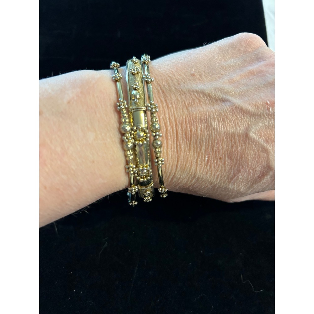 Set 3 Gold Tone Stackable Bangles Beaded Granulated‎ Boho Bracelet Set